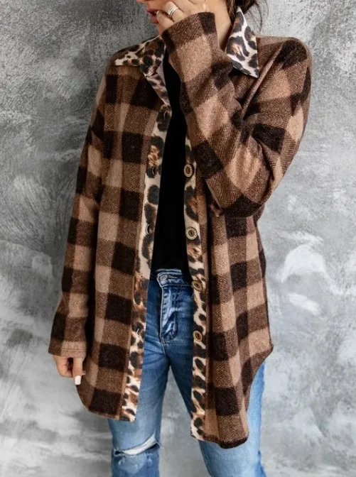 

Women's Jackets Fall 2021 New Cardigan Thickened Cotton Brown Plaid Single Breasted Long Sleeve Lapel Shirt Coats