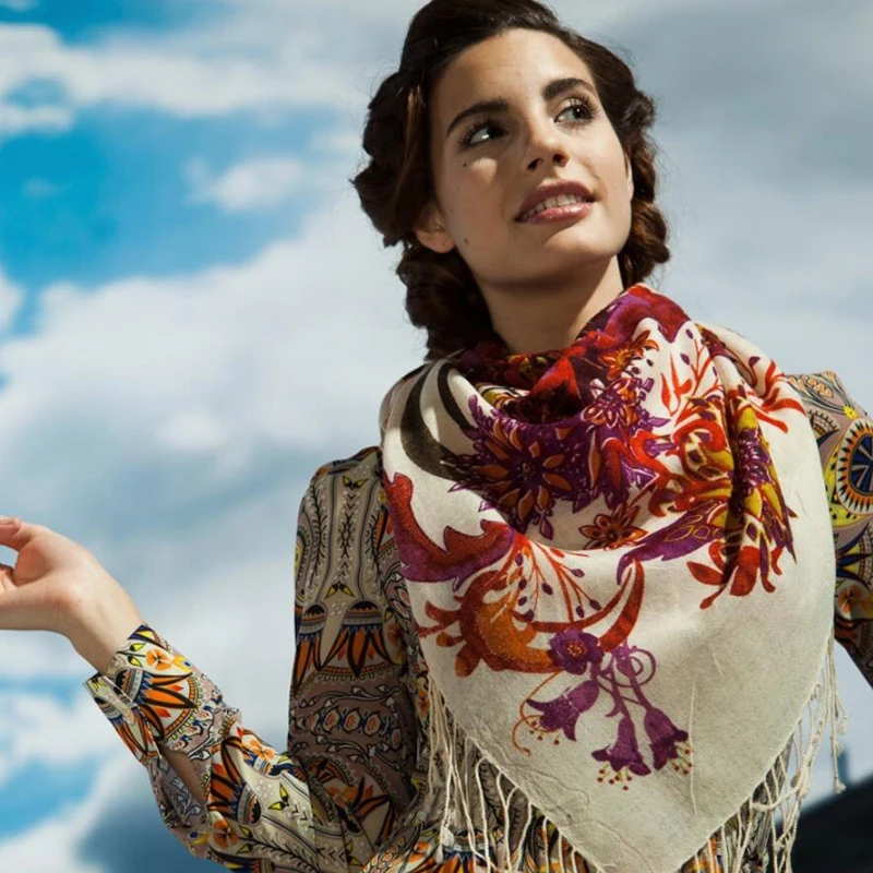 Новый шерстяной шарф Зимний женский платок Национальный винтажный цветочный