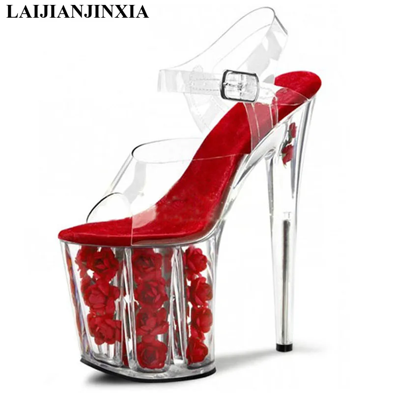 New 20cm sexy bottom high heels lady clear sandals white flowers for wedding dress Crystal Dance Shoes
