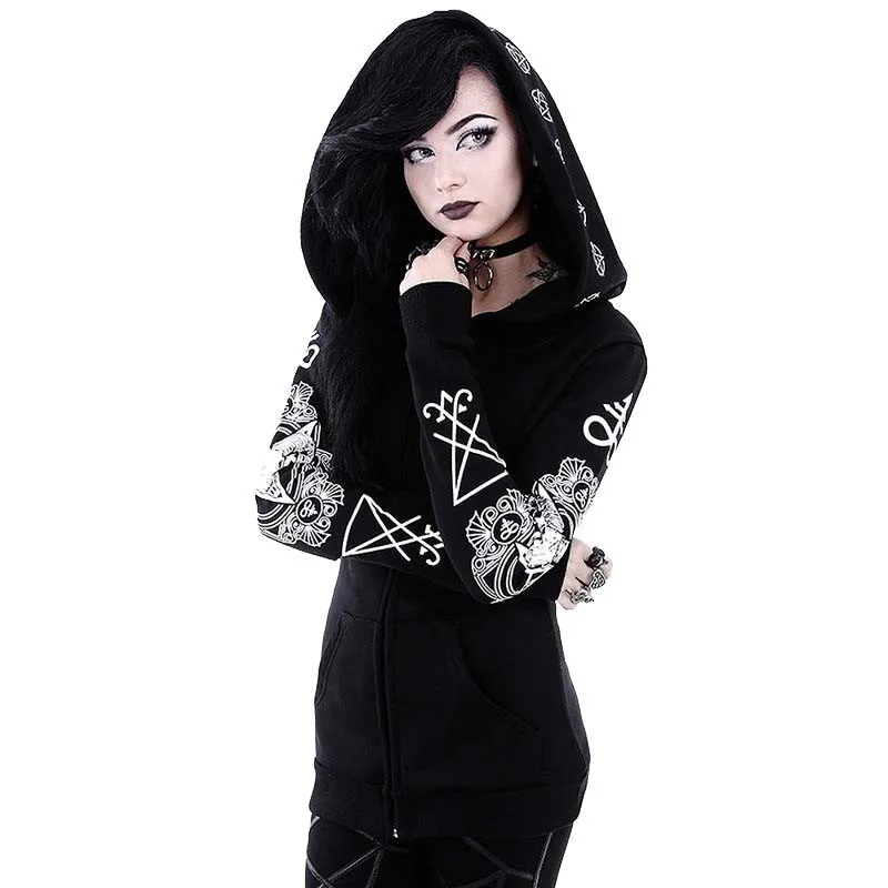 

Hoodies Coat Women 2021 Autumn Winter Warm Fashion Gothic Punk Print Jacket Tops Female Casual Oversized Zipper Sweatshirt