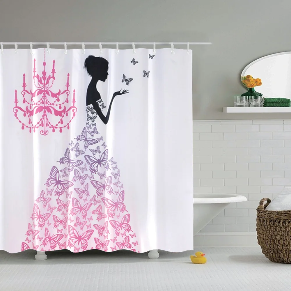 

Dafield Girl Shower Curtain Fashion Fairy with Wings in a Floral Dress Fantasy Garden Flying Butterflies With Hooks
