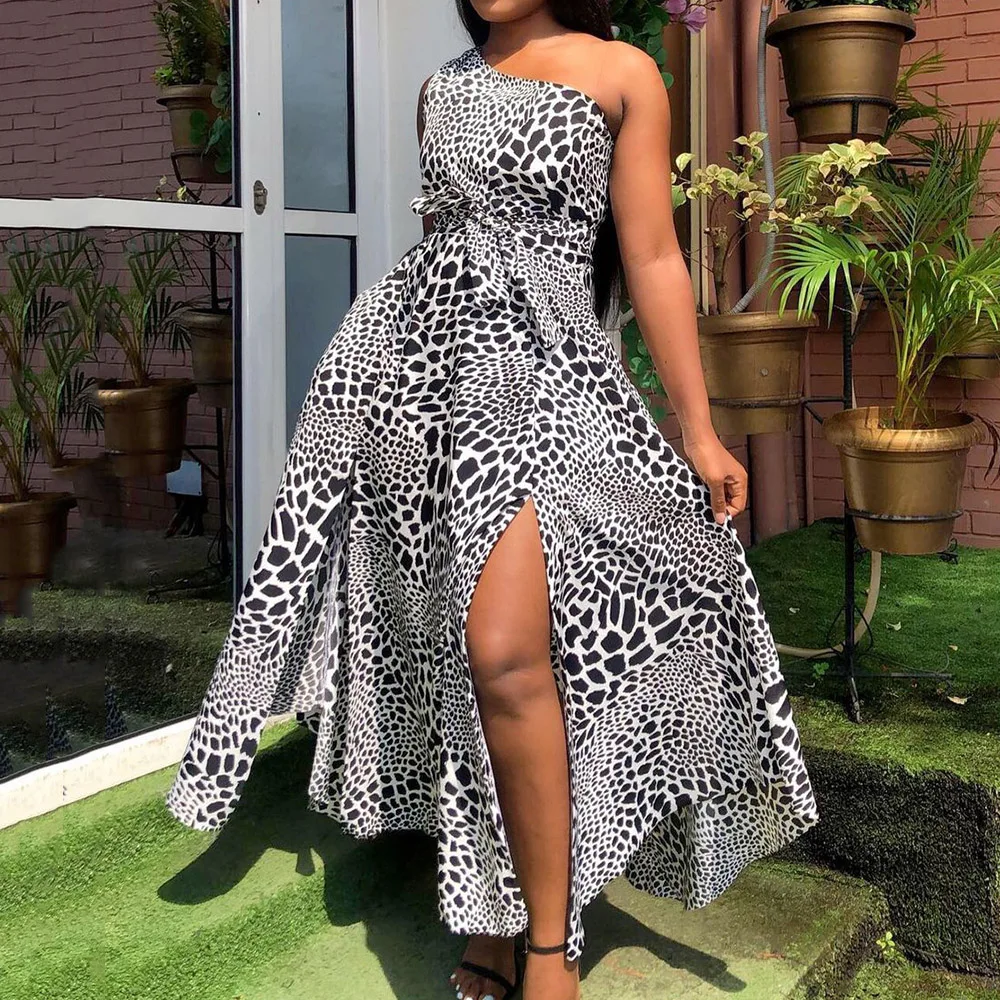 

Western Style Ladies Dresses Spring Summer Fashion Oversize African Casual Temperament Printing Split One Shoulder Simple 2021