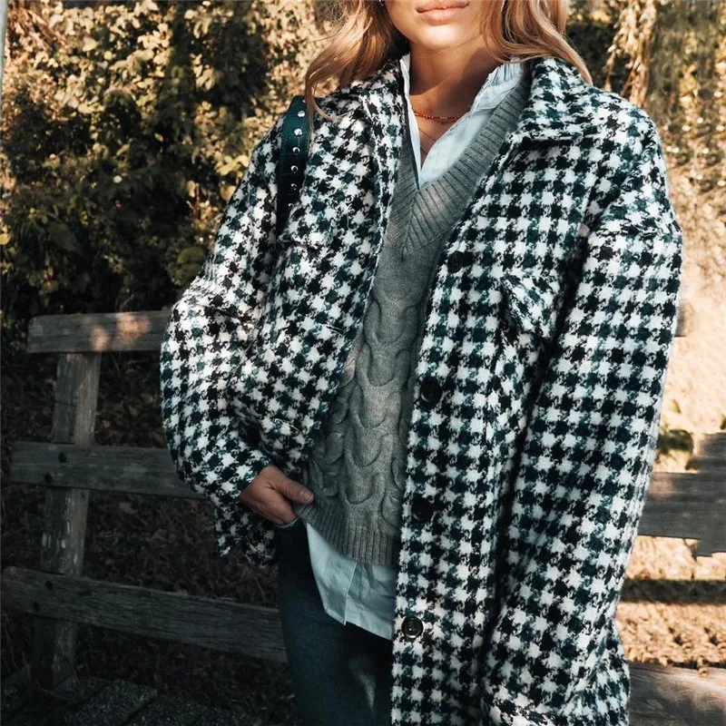 

Autumn Winter Plaid Loose Jackets 2020 Causal Houndstooth Long Sleeve Streetwear Coat