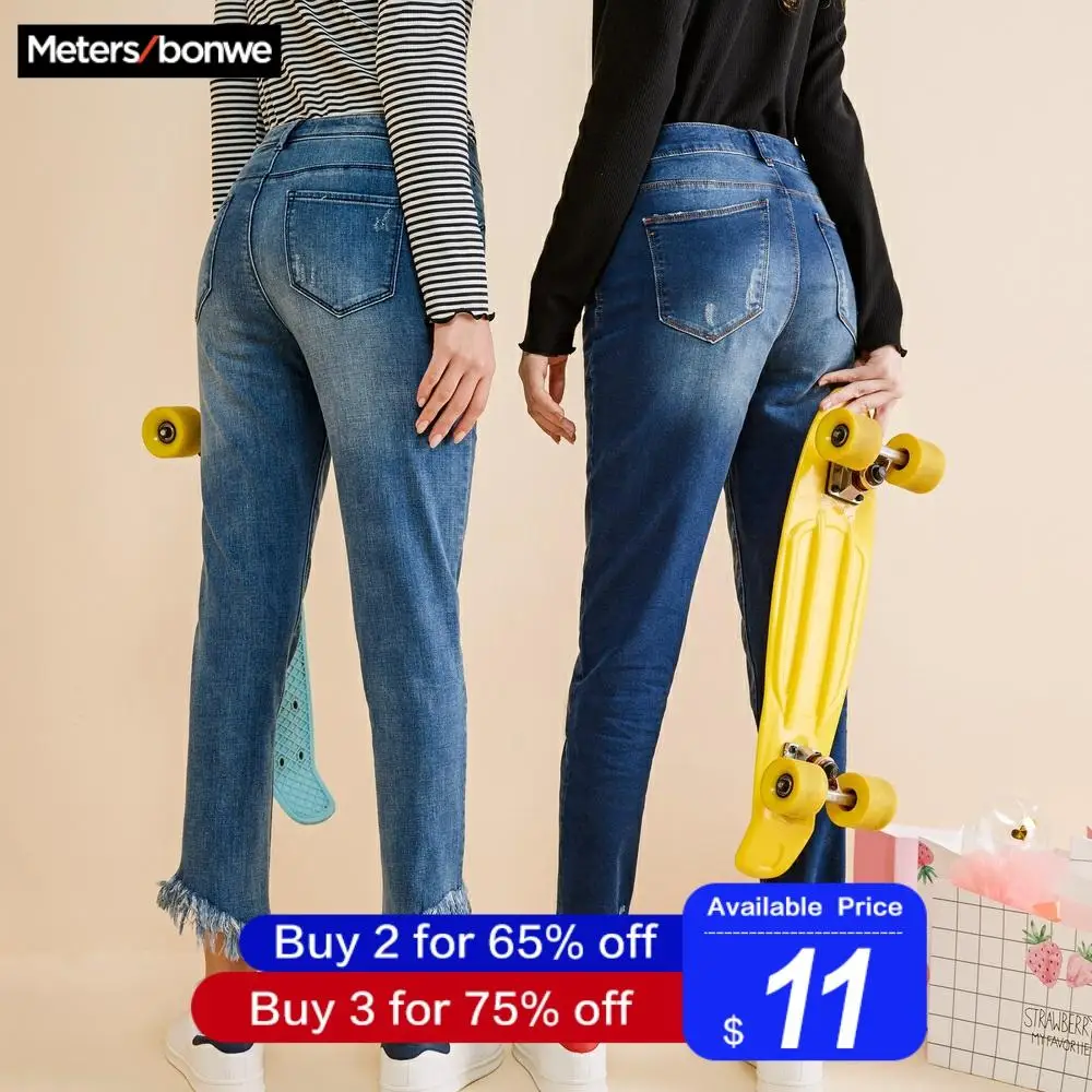 Metersbonwe, обычные джинсы для женщин, джинсы для женщин, синие джинсовые узкие брюки длиной до середины икры, высококачественные женские джинсы с эластичной талией