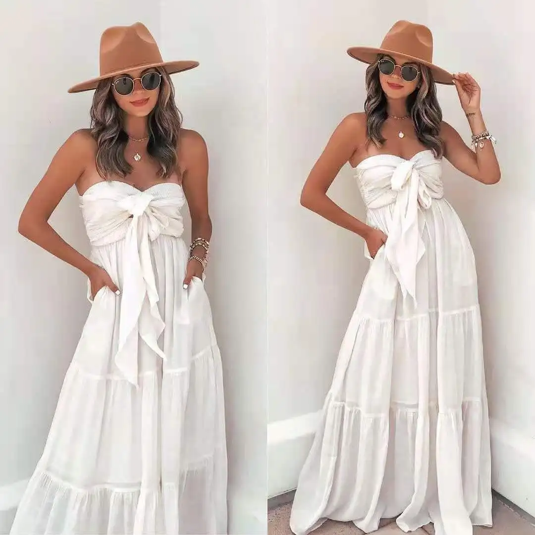 

2021 new fashion all-match solid color tube top bow tie pocket big swing dress