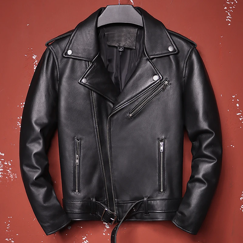 

2022 Men's Oblique Zipper Sheepskin Jacket Classic Motorcycle Black Genuine Leather Slim Fit Short Biker Male Coats For Autumn