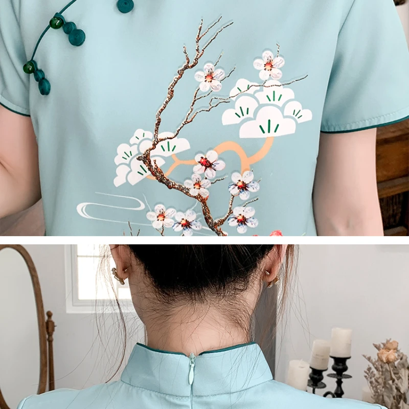 

Plus Size M-4XL 2021 New Blue Loose Fashion Modern Cheongsam Dress Women Short Sleeve Qipao Traditional Chinese Style Clothes