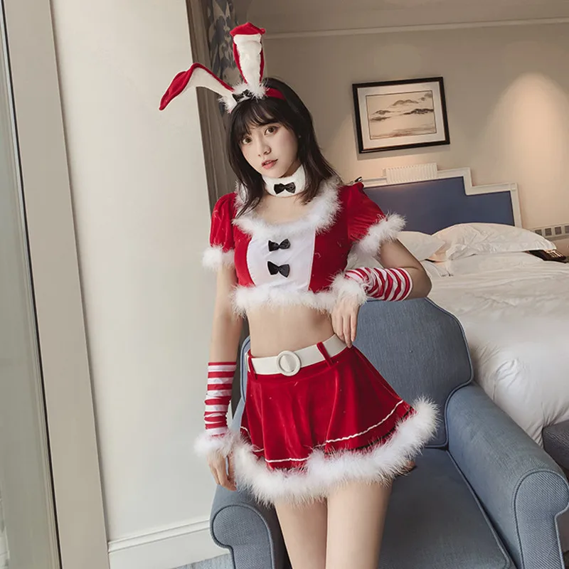 

New Women Christmas Cosplay Costumes Sexy rabbit Red Lingerie Adorable Hot Erotic Bunny Girl Velvet Bodysuit X-Mas Outfit