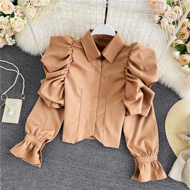 Spring and Fall New Elegant Retro Ruched Puff sleeve Shirt Women Lapel Single-breasted Long Sleeve Short Blouse Trend women's denim shirts & tops