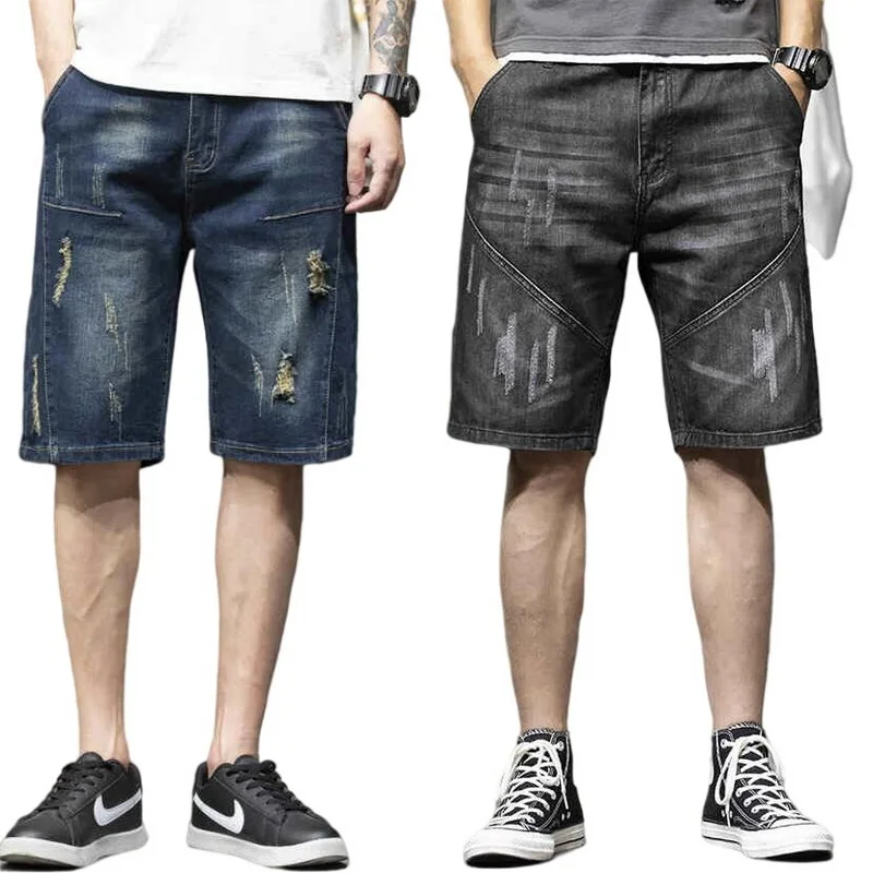 Men's Ripped Jeans Shorts Summer Fashion Casual Loose Straight High Quality Denim Shorts Male Brand Knee Length Jeans