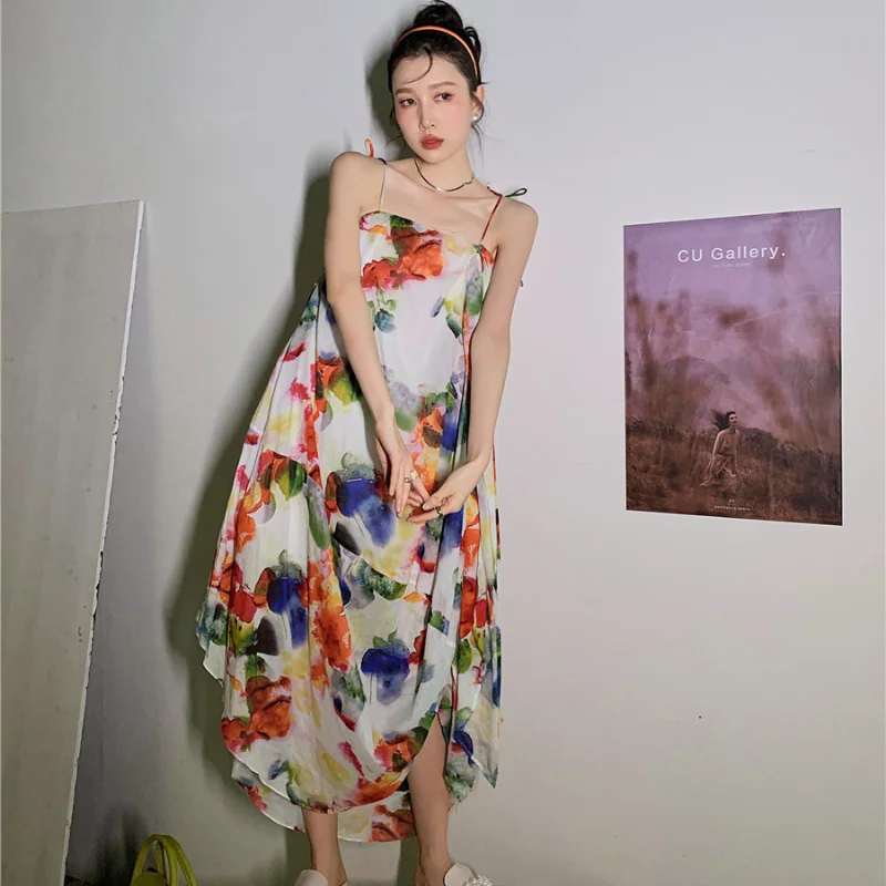 

Kimotimo Print Irregular Long Dress Women Ins Minority Design Loose Spaghetti Strap Dresses Summer Elegant Large Swing Bud Dress