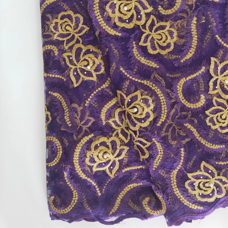 Фиолетовая Цветочная вышитая африканская сетчатая кружевная ткань для