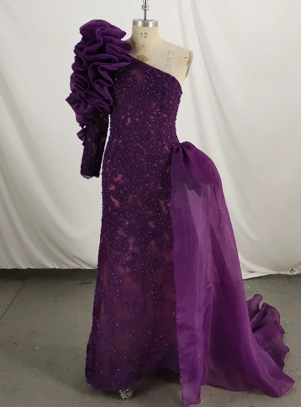 Женское вечернее платье с юбкой годе Бордовое круглым вырезом и длинными