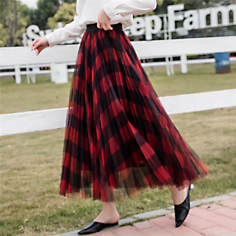 

Women's Skirt Fashion All Match Gauze Pleated Skirts 2020 Autumn Winter New Lattice Elegant Skirts Female Mid-Long A-line Skirt