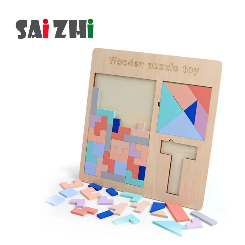 Saizhi 3 в 1 Деревянный Tangram головоломка игрушки тетрис игра дошкольного волшебства