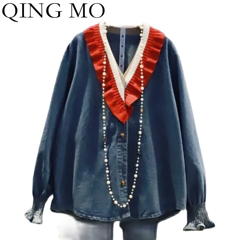 

Женская джинсовая рубашка с оборками QING MO, голубая рубашка контрастных цветов с V-образным вырезом, со строчкой, TT255Q, для весны, 2022