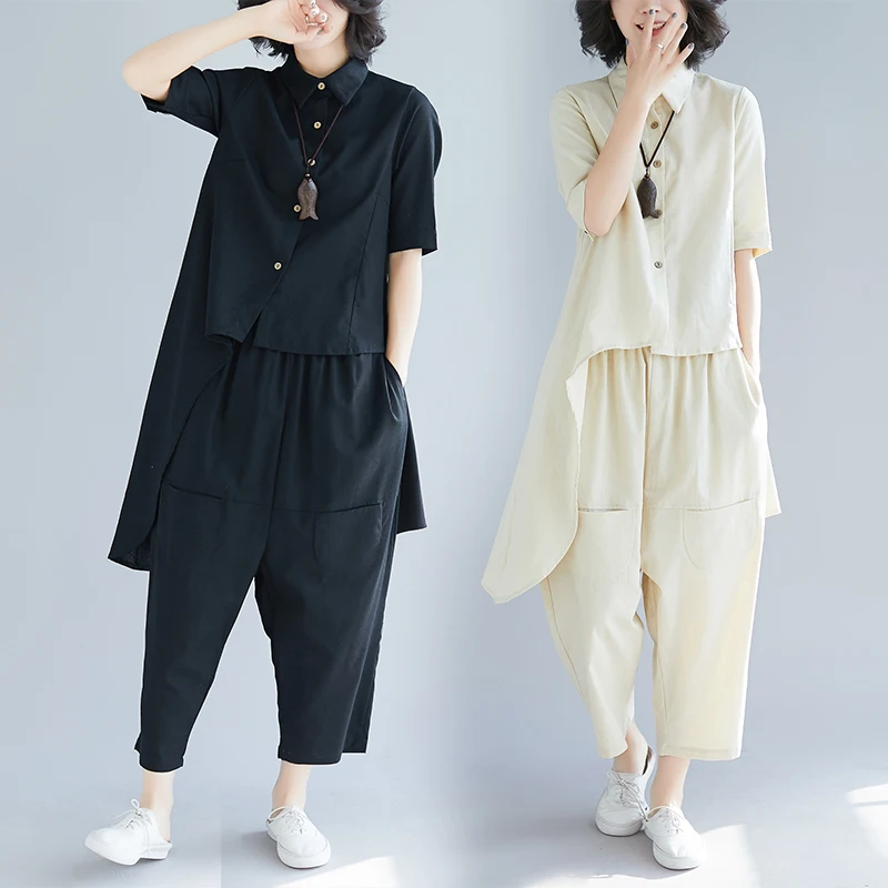 

Cotton Linen Sets Women's 2020 Spring Summer Korean Large Size Loose Irregular Shirt Wide leg Pants Fashion Two-piece Suit Z547