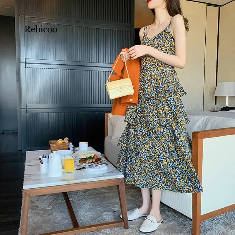 

Women Summer Sexy Ruffles Midi Dress Vintage Print Floral Female Spaghetti Strap Dress Casual Holiday Beach Vestidos