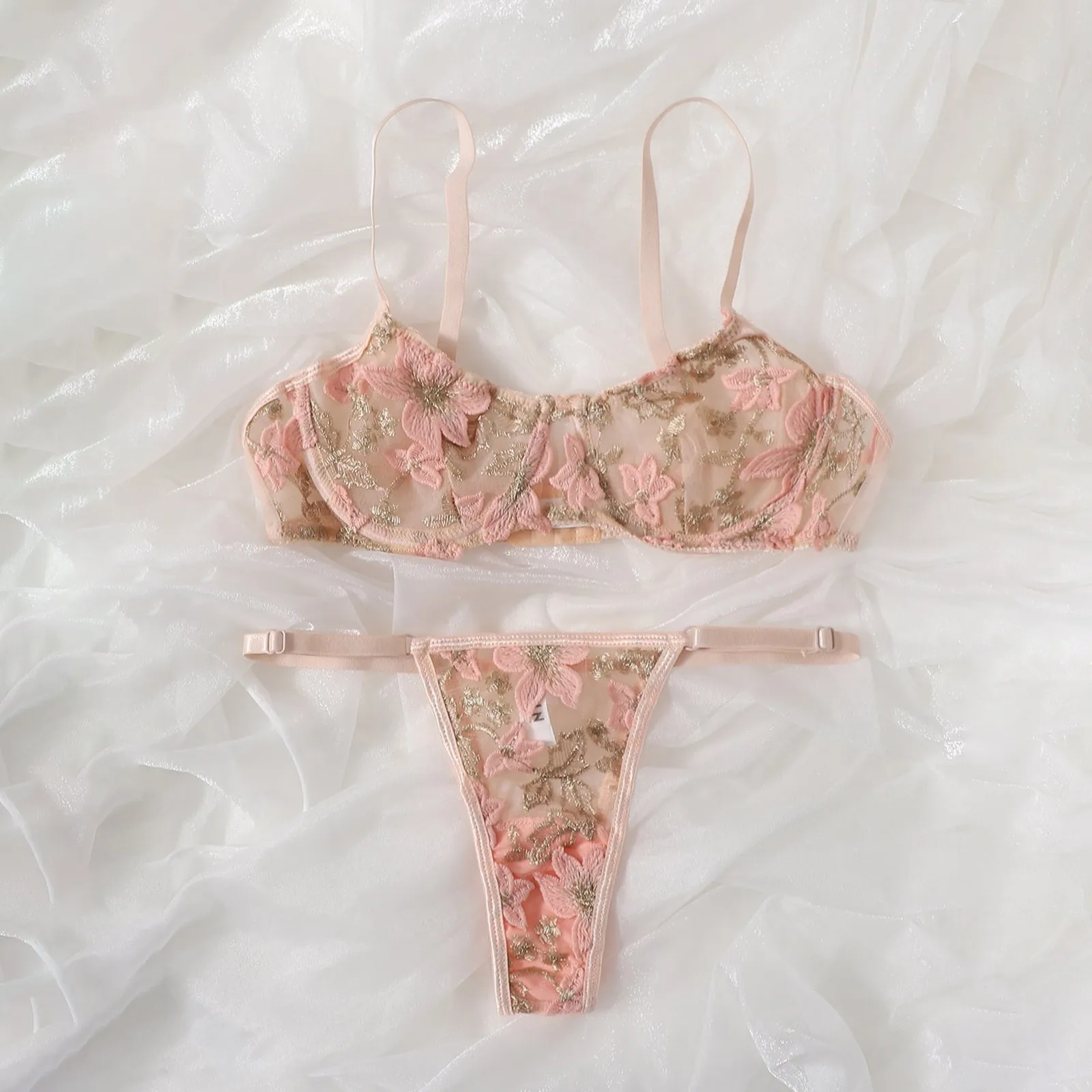 

Сексуальный бюстгальтер с цветочной вышивкой, Короткие комплекты, чувственное женское нижнее белье, Прозрачный Женский комплект с чашками ...