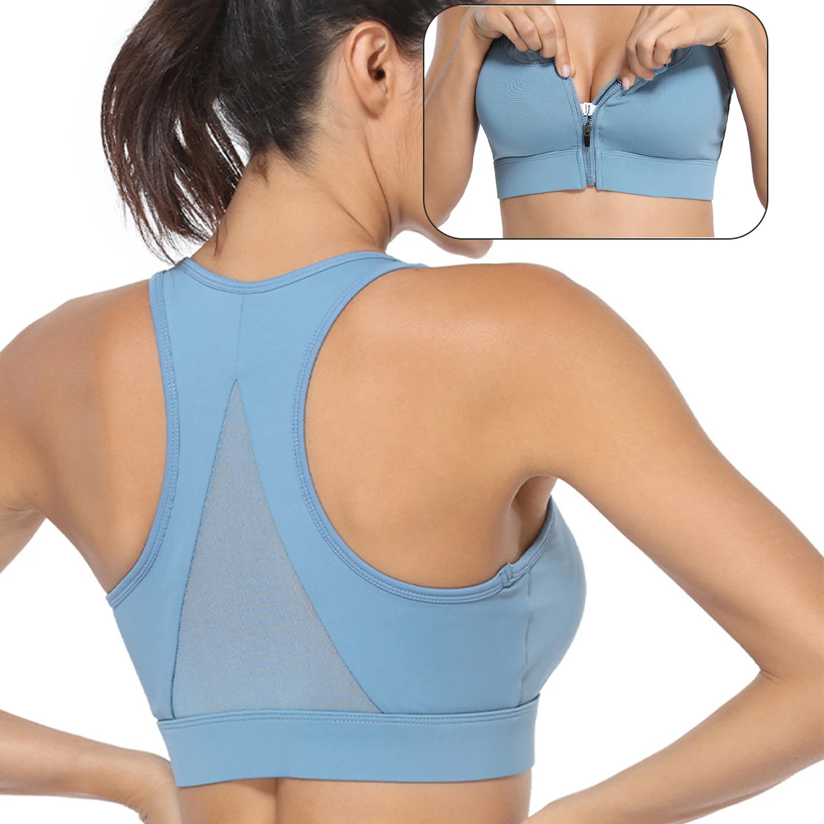 

Plus Size Racerback Sports Bra Push Up Front Zipper Lingerie Without Bones Female Underwear For Fitness Mesh Back Women Gym Top