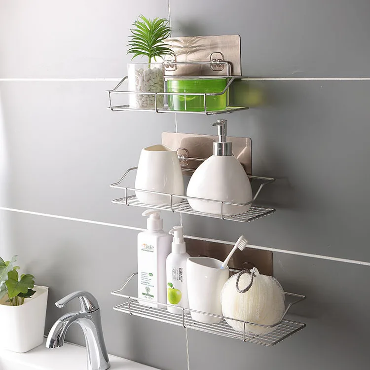 

Punch-Free Stainless Steel Bathroom Shelf Wall Hanging Toilet Kitchen Rectangle Storage Racks