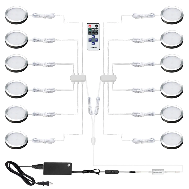 AIBOO-Iluminación LED para debajo del gabinete, luces de 24W con control remoto RF inalámbrico regulable para debajo del mostrador, muebles de estante, 12 Uds.