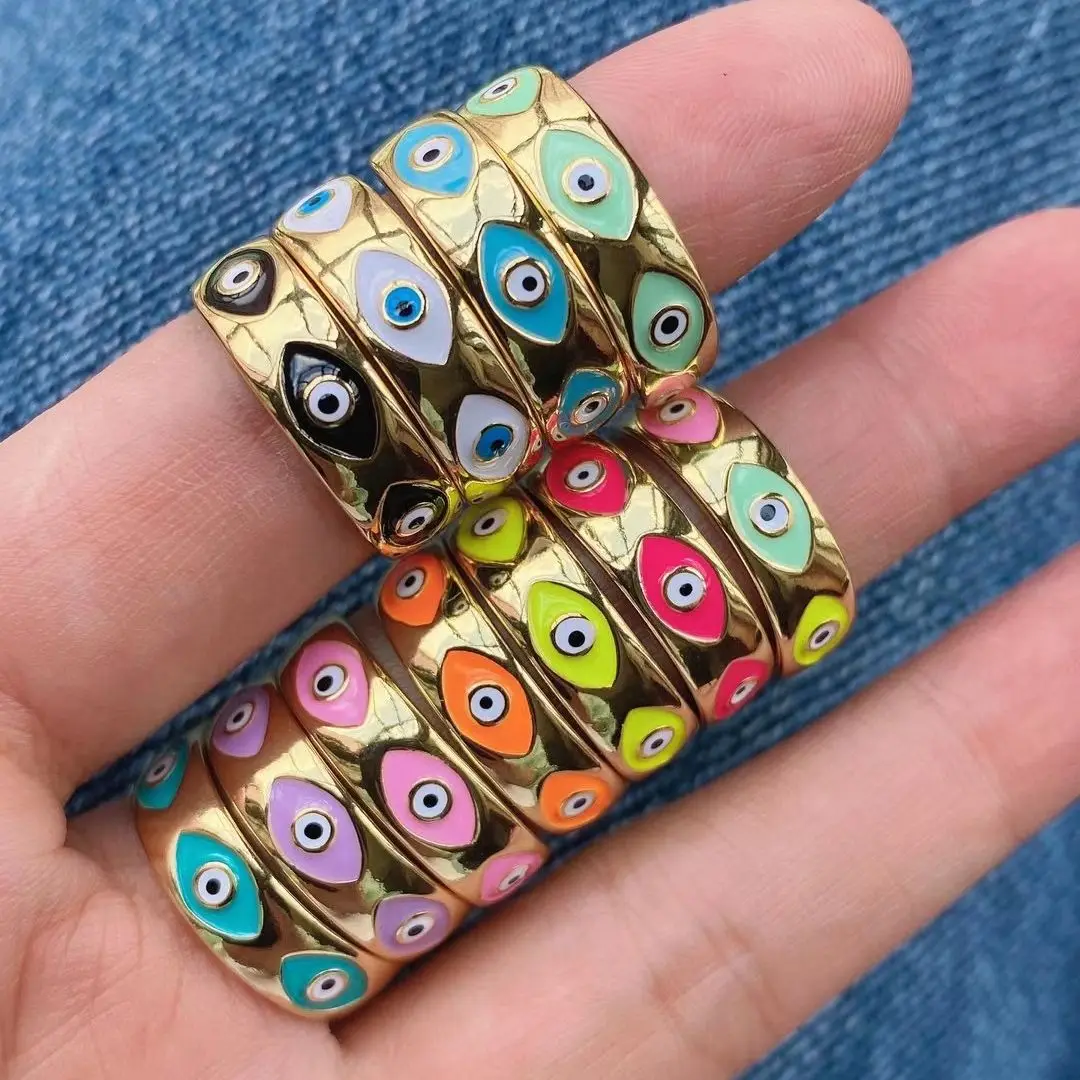 

10 шт., греческое эмалированное кольцо для глаз для женщин и девушек, подвеска бохо, разноцветное открытое регулируемое нежное кольцо, эмалир...