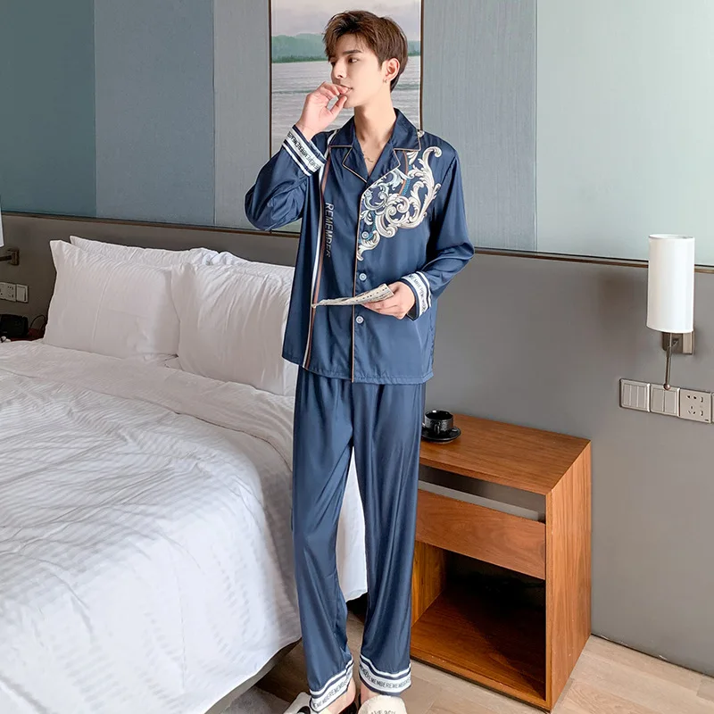 

Lovers' Printed PJS Sleepwear Satin Faux Silk Pajamas Loungewear Long Sleeve Couple Pyjamas Pour Femme Comfy Home Cloting