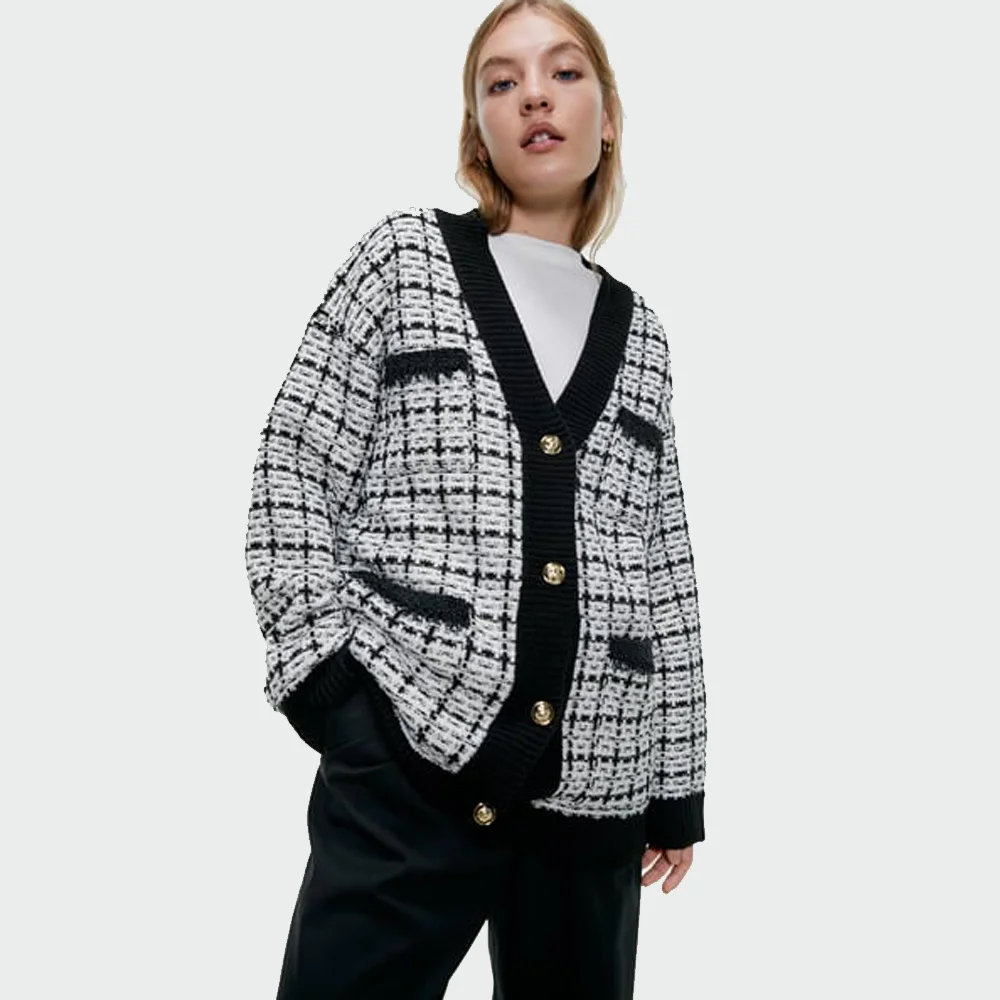 Женский Теплый свитер ZA черно белый свободный с пряжками вечерние пальто для