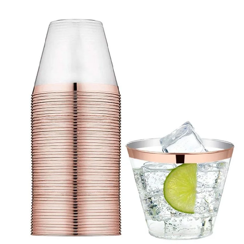 Прозрачные пластиковые стаканчики, 50 шт., одноразовые, для свадебной вечеринки, золотые, бронзовые, пластиковые стаканчики, серебристые, розовые, золотые, вечерние, аксессуары для питья, 9 унций