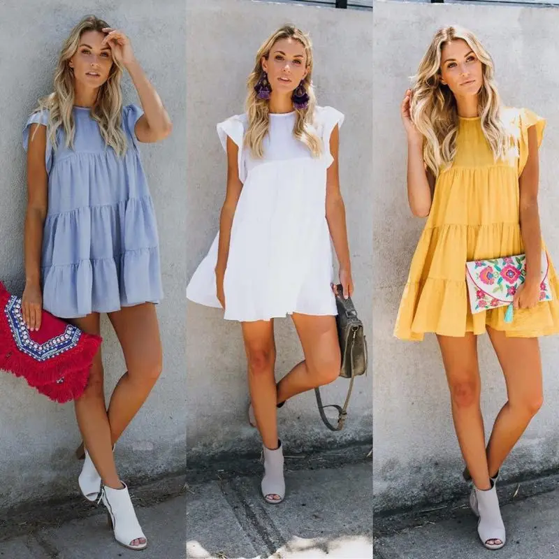 

2021 Summer Sexy Women' S Mini Dress Fashion Casual Solid O Neck Button Hollow Out Lotus Sleeve Patchwork Ladies Cupcake Dresses