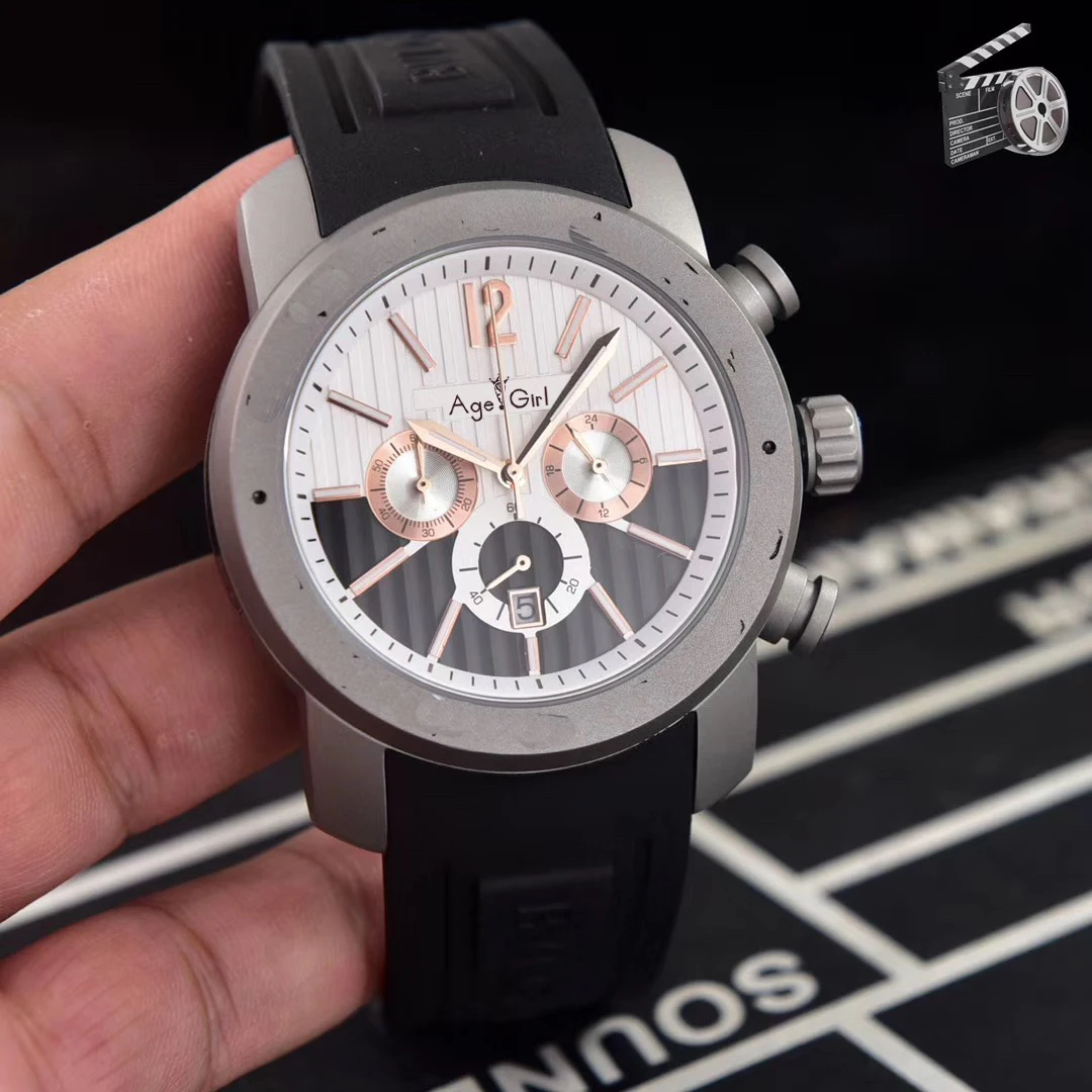 

Classic New Men Titanium Black Rubber Daydate Date Stainless Steel Japanese Quartz Chronograph Sapphire Watches White Blue