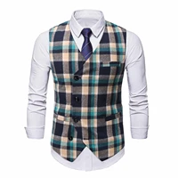 mens vests casual plaid single breasted social vest pocket sleeveless jacket v neck suit business waistcoat men clothes