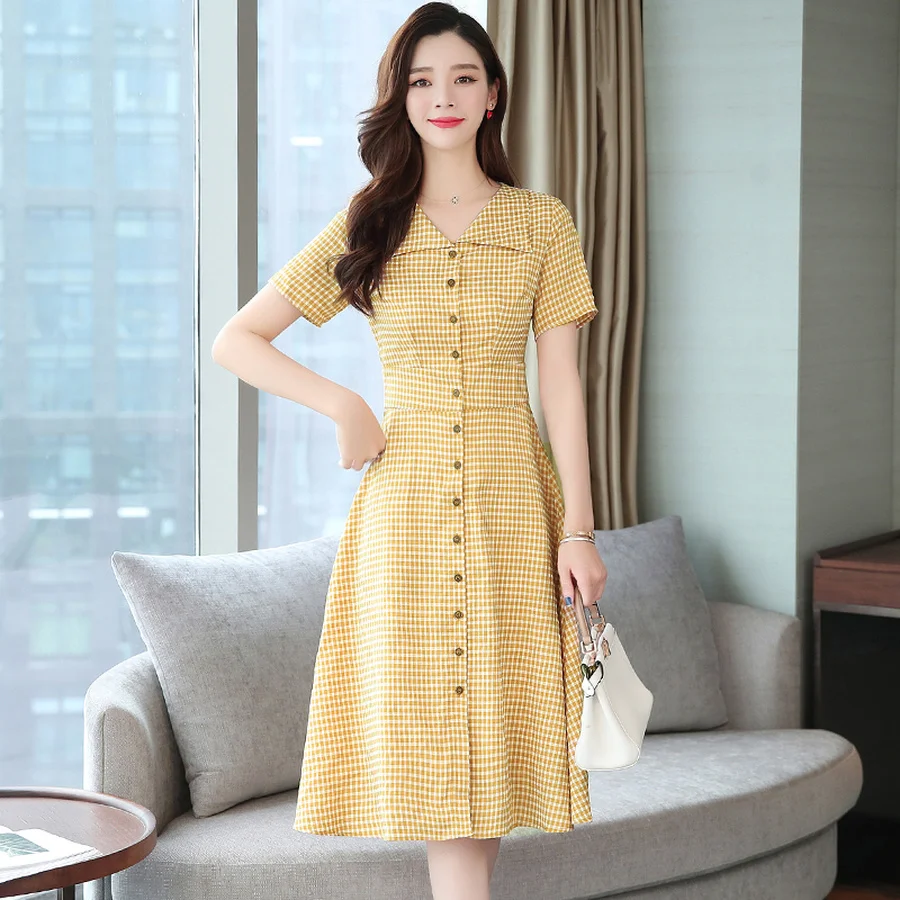 2021 Новый размера плюс шик желтые миди платья летнее платье в Корейском стиле