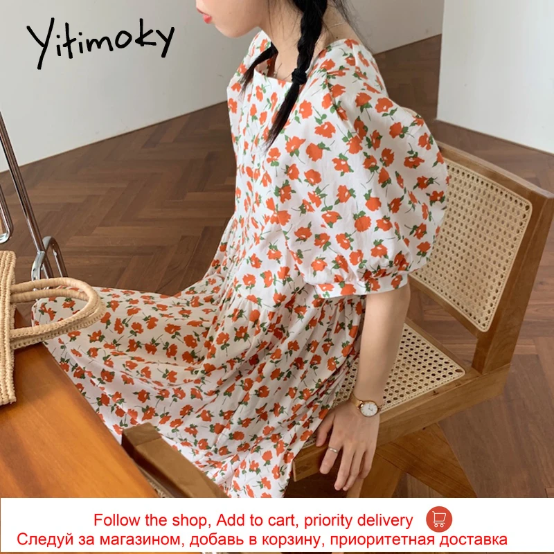 

Yitimoky Bohemian Floral Print High Waist Long Dresses for Women 2021 Puff Short Sleeve O-Neck Loose Summer Korean Fashion New