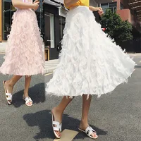 #1513 Woman Midi Skirts Spring Summer Ladies Feathers Appliques Flared Long Skirt High Waist Female Skirts Black White Pink