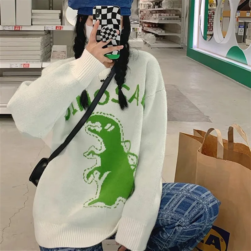 

Women New Sweater 2021 Autumn Winter Korean Fashion Funny Green Dinosaur Pattern Round Neck Oversized Long Sleeve Tops Pullover