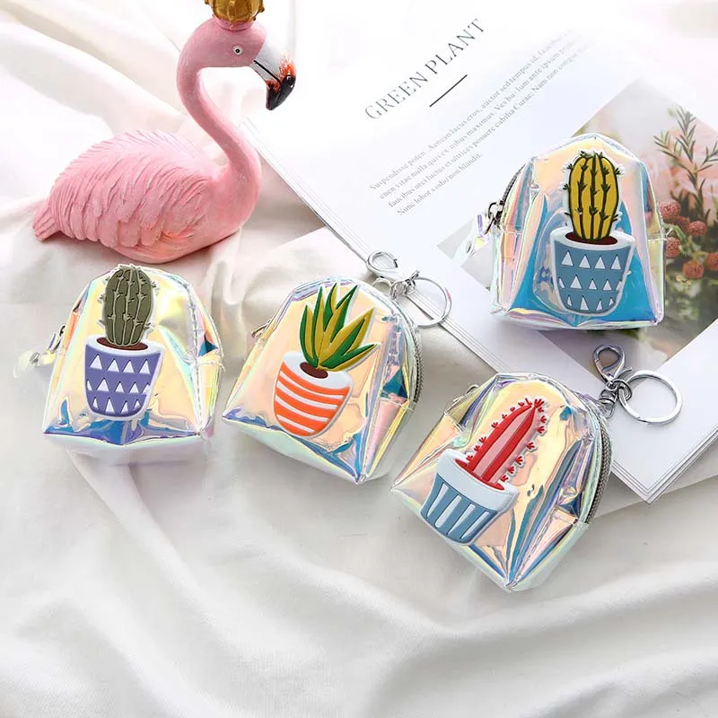 

New Laser Coin Purses Waterproof Wallet For Women Girls Coin Purses Cartoon Cactus Printed Mini Holders Key Card Bag
