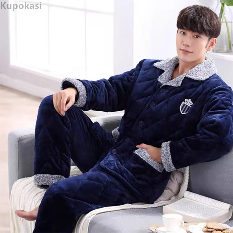 Kupokasi Men Pajama Sets Flannel Thicken Winter Warm Sleepwear Suit Pyjamas For Man Casual Coral Fleece Sleep Homewear