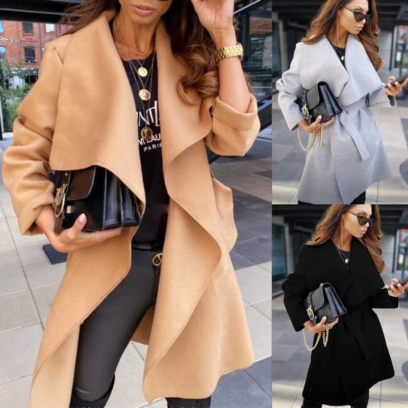 

2021 Autumn Winter New Casual Warmth Blends Jackets Ladies Retro Classic Outerwear Women Temperament Bandage Women's Wool Coat