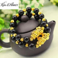 kissflower br142 fine jewelry wholesale fashion lovers couple birthday wedding gift pixiu 10mm bead 24kt gold pendant bracelet