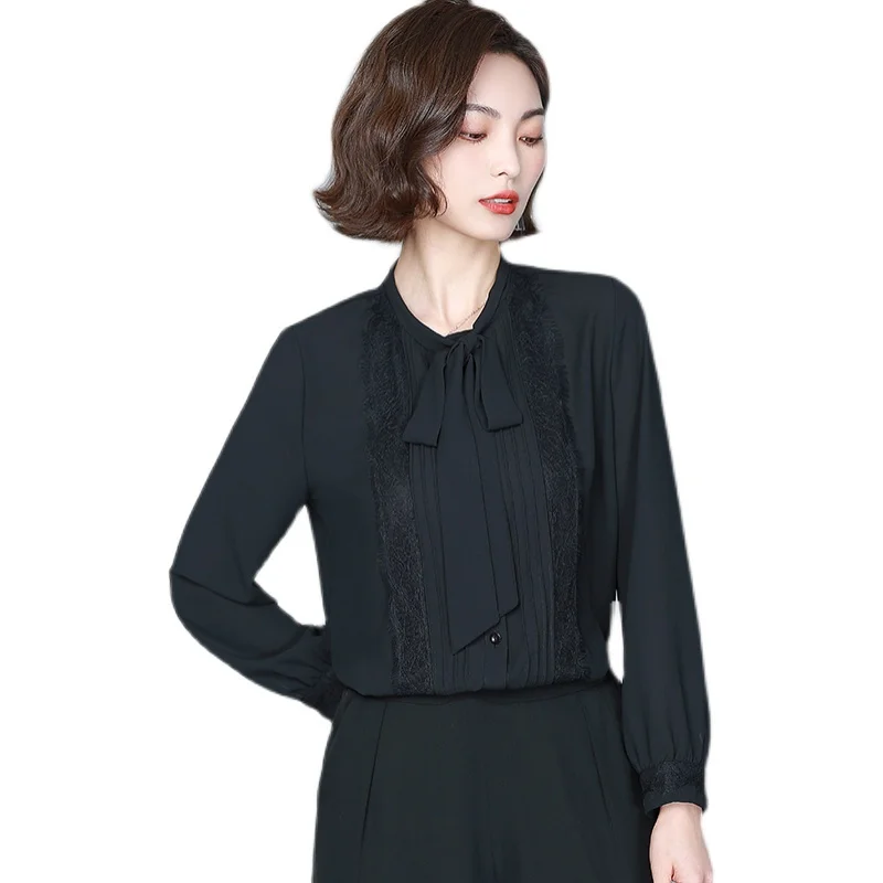 

COIGARSAM 3XL Plus Size Full Sleeve blouse women New Spring Chiffon Bow blusas womens tops and blouses Black 6391