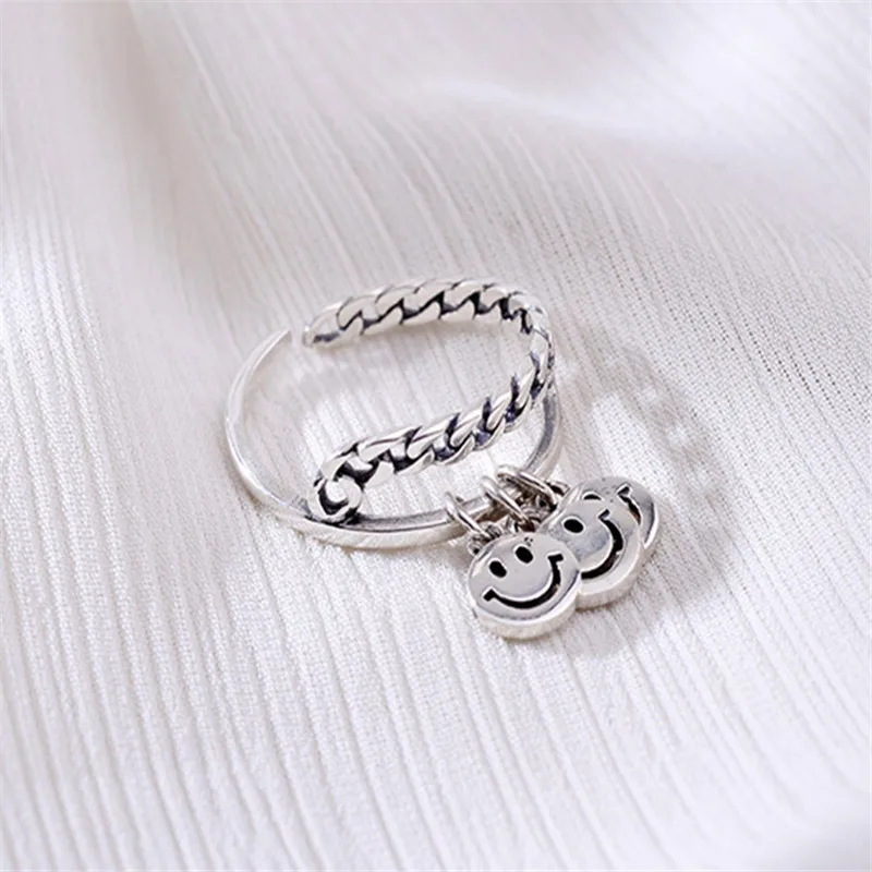 

Vintage 925 Silver Smile Face Hiphop Rings Korean Style Girls Resizable Make Old Weaving Open Rings Students Fashion Mini Rings
