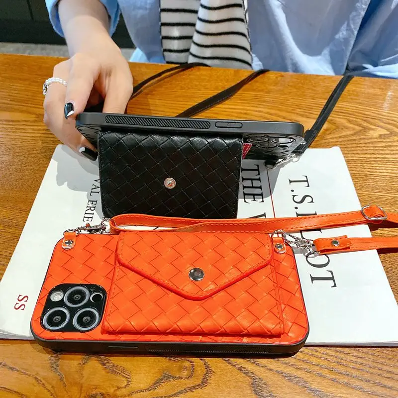 For iphone 14 13 12 11 pro xs max xr x 7 8 plus se 2020 Case Cover fashion Braided wallet card strap leather holder phone bag