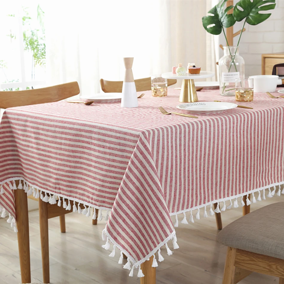 

Simple Striped Tablecloth Cotton Linen Tassel Rectangular Tablecloth Cover Home Bedroom Coffee Table for Living Room Decoration
