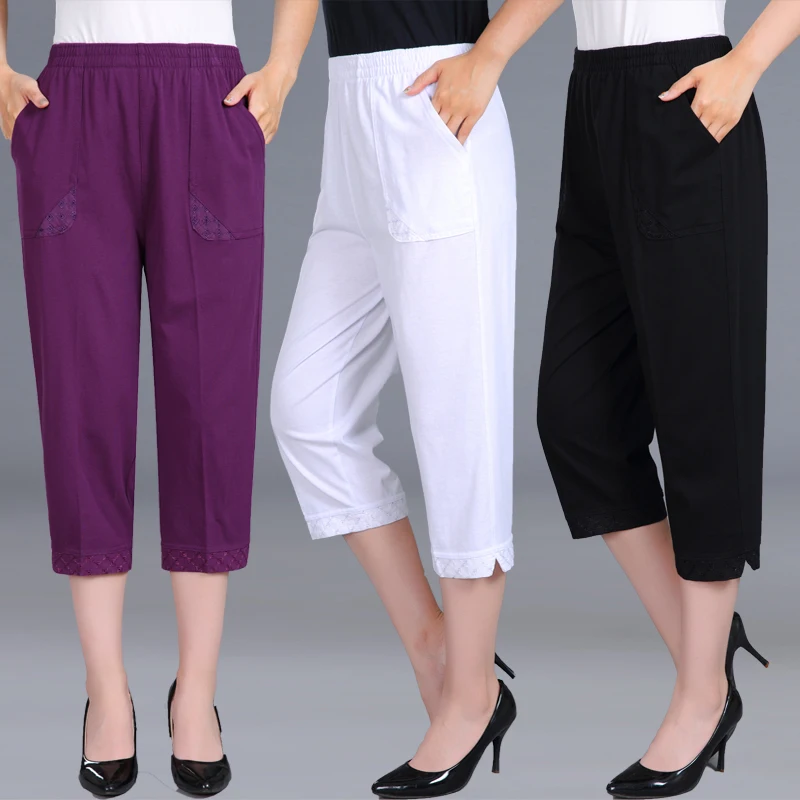 Women Capris Pants Female Summer 2020 Women's High Waist Pants Black Woman Candy Color Straight Calf-Length Pants Plus Size 4XL