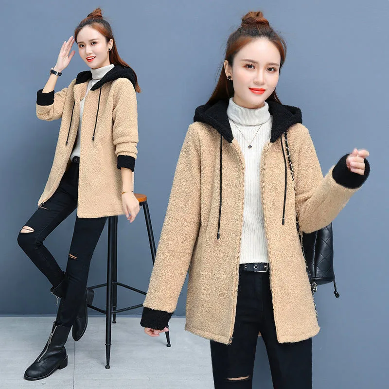 

Fashion Patchwork Lamb Wool Cardigan Thicken Hoodie Sweat Coat Women Winter Warm Outware Jacket Cashmere Loose Thick Cloths Tops
