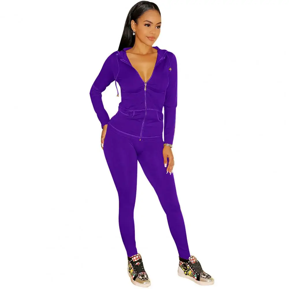 

Autumn two piece set women long sleeve hooded zipper pocket sporty Jackets+leggings matching sets workout stretchy outfits