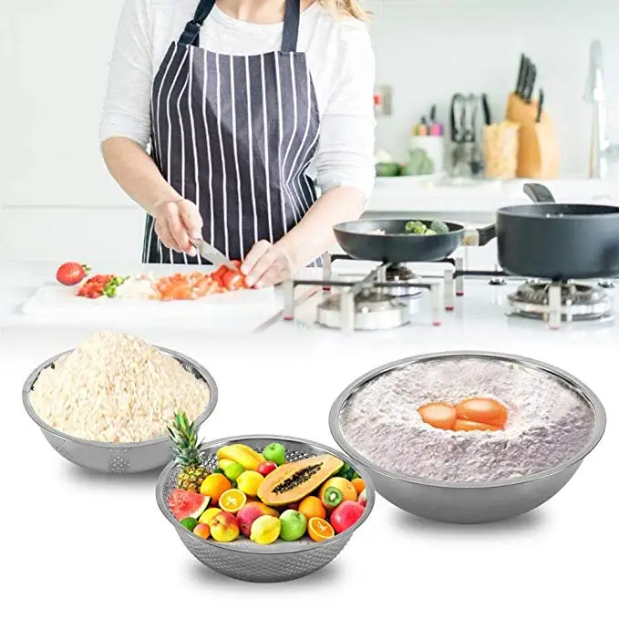 

ICESTCHEF 3Pcs Stainless Steel Rice Washing Filter Drain Fruit Vegetable Wash Basket Mesh Sifter Sieve Drainer Cleaning Gadget