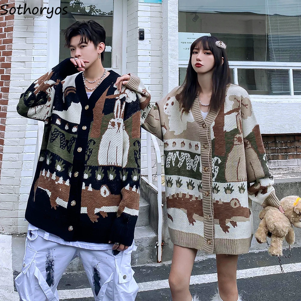 

Women Vintage Cardigans Minimalist Cartoon V-neck Couples Sweaters Harajuku Japanese Mori-girl Jacquard Jumpers Knit Streetwear